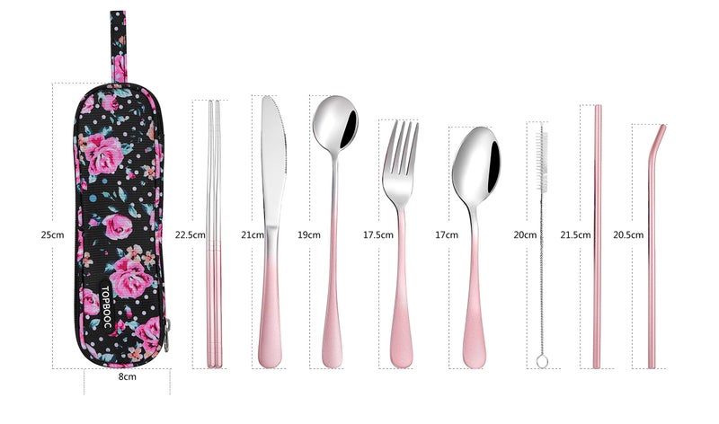 Topbooc Travel Utensils Reusable Silverware Set To Go Portable Cutlery Set with a Waterproof Carrying Case for Lunch Boxes Workplace Camping Picnic (GraPink) - Image 2